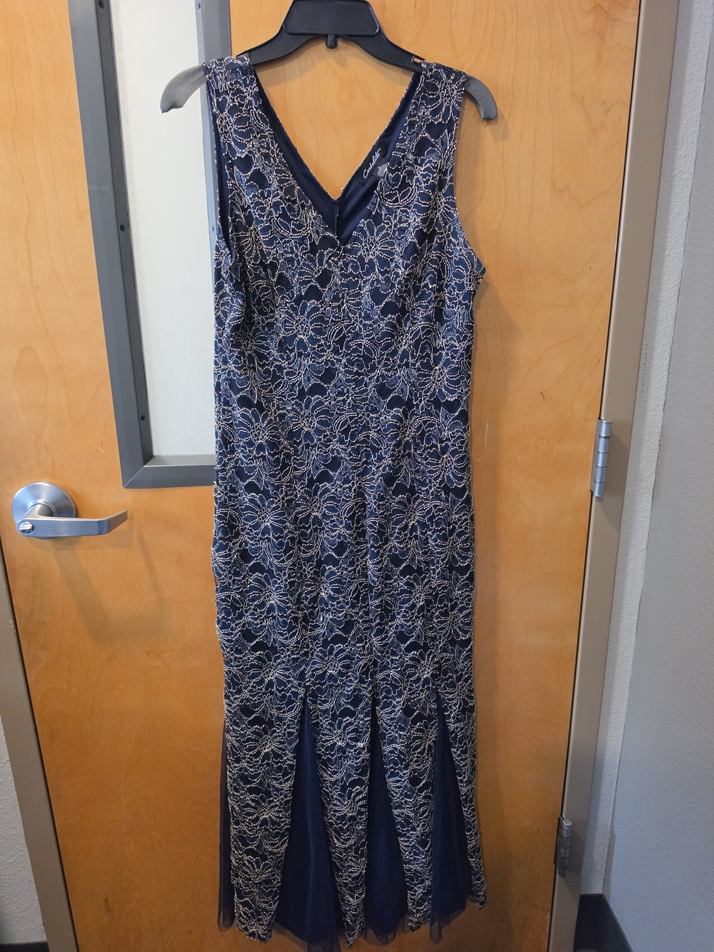 Navy V-Neck Lace Evening Gown with Cream Overlay